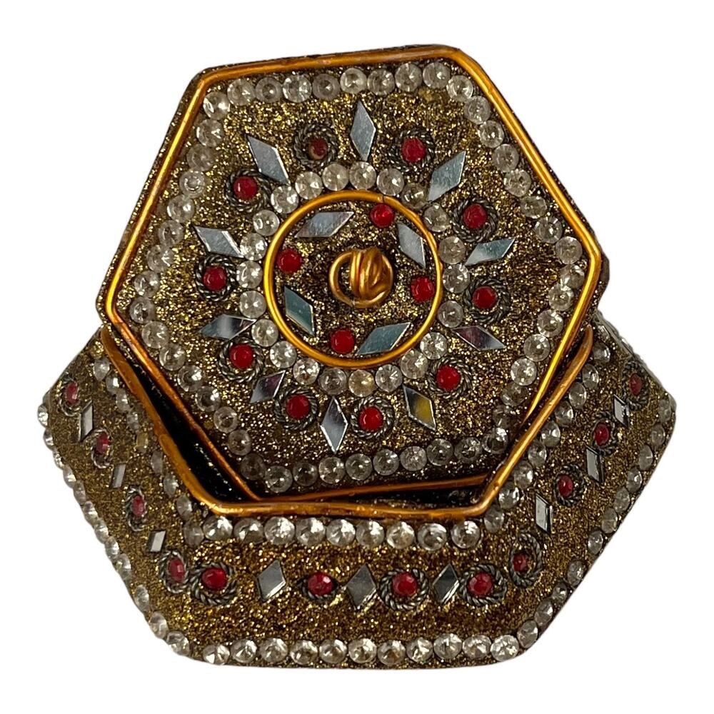 Jeweled Trinket Box Jewelry Ring Salt Container & Lid 3.5" Hexagon India Beaded